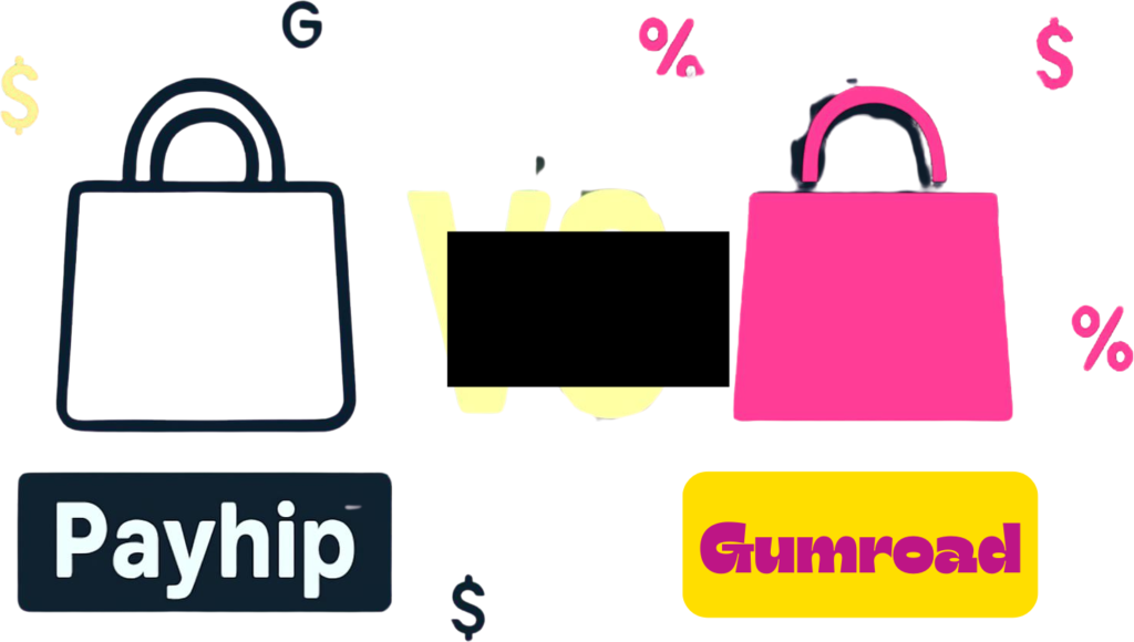 Illustration comparing Payhip and Gumroad, two digital product selling platforms, with shopping bag icons representing each side and a VS symbol in the middle